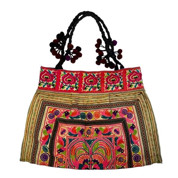 Authentic Vintage Y2K Mexican Floral Embroidered Handmade Shoulder Pom Pom Purse - Picture 6 of 13